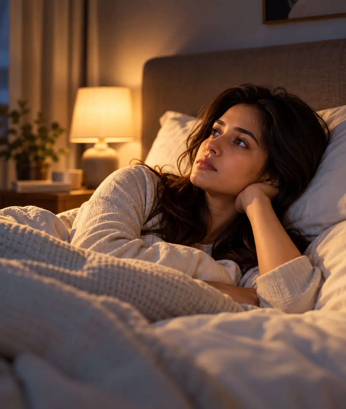Woman reflecting at night